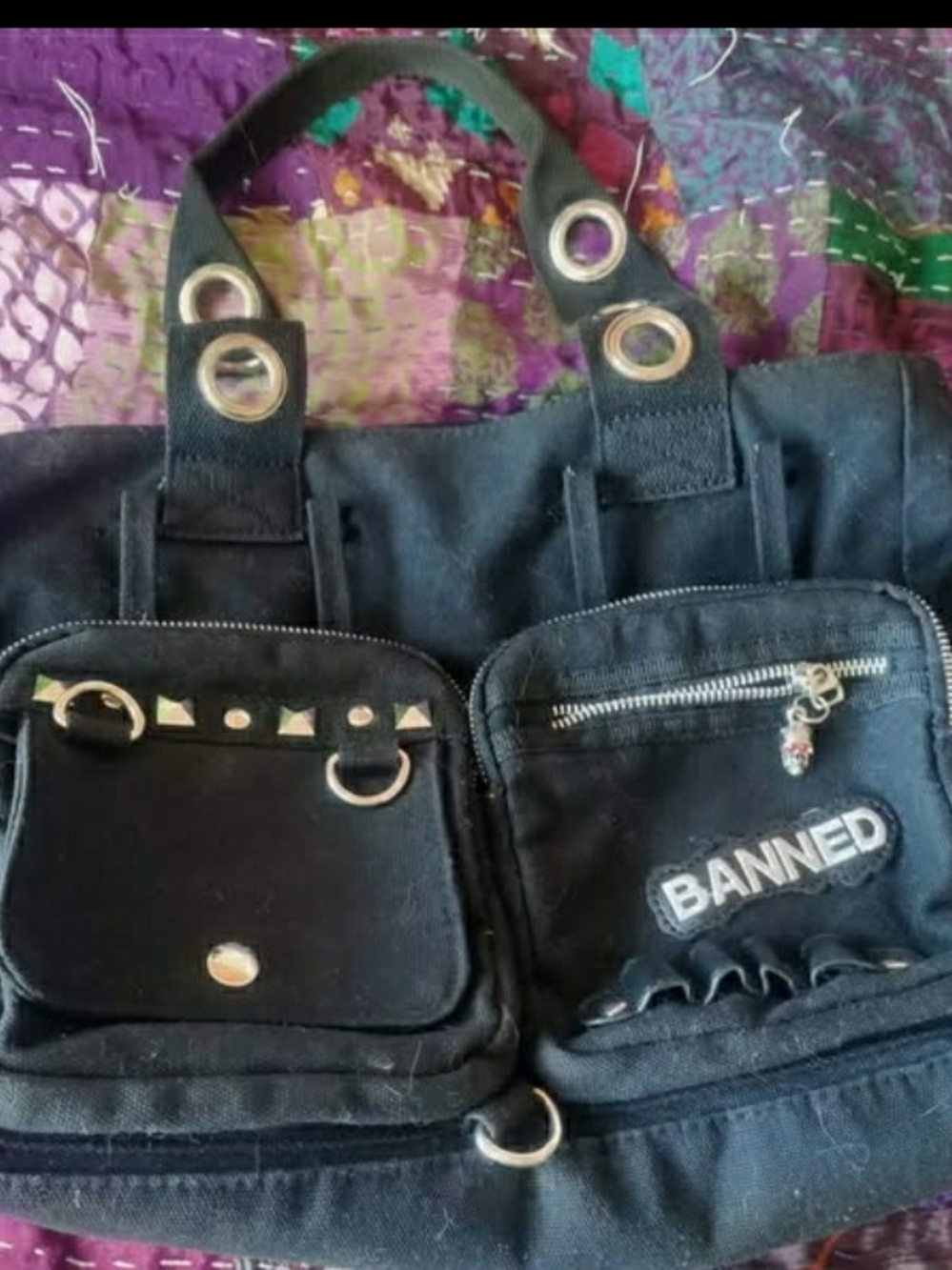 Black Banned Accent Tote Bag - Women's Canvas Shoulder Bag